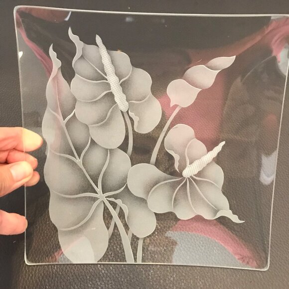 Frank Oda Style Etched Glass Anthurium Square Dish Vintage - Picture 2 of 5
